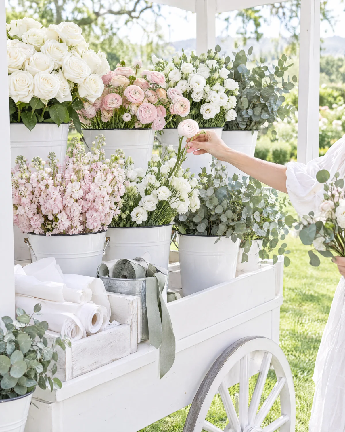 A white flower cart with buckets of fresh stems on a sunny lawn