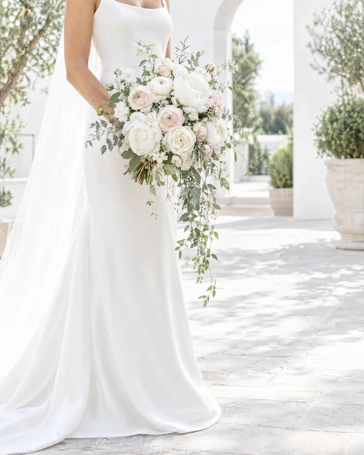 A bride holding a loose bouquet of white roses and greenery