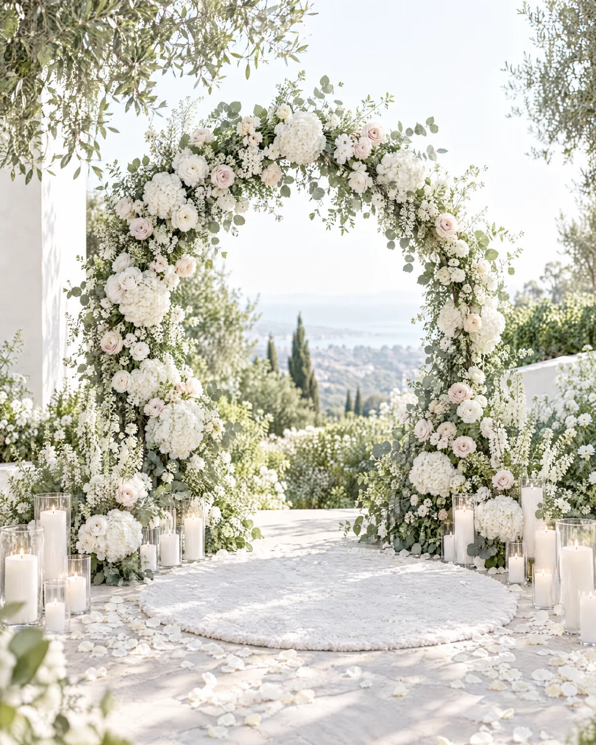 A floral arch of white roses over a petal-strewn rug in a garden