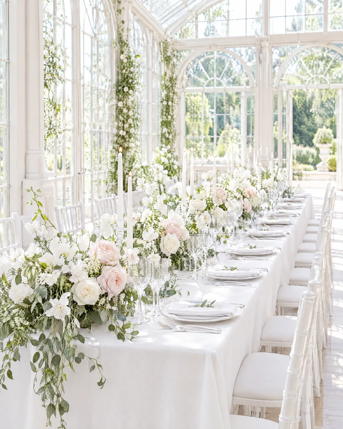 A white reception table with low runners of white and blush roses