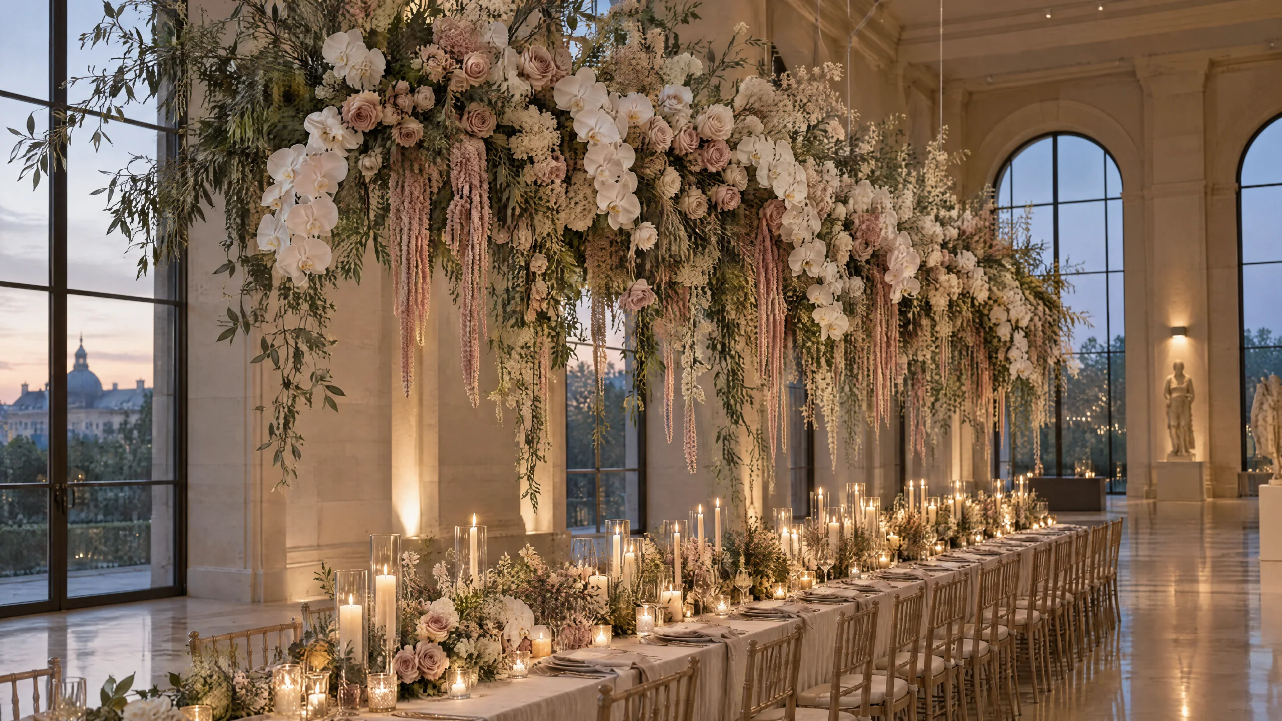 A suspended floral installation over a candlelit banquet table in a gallery