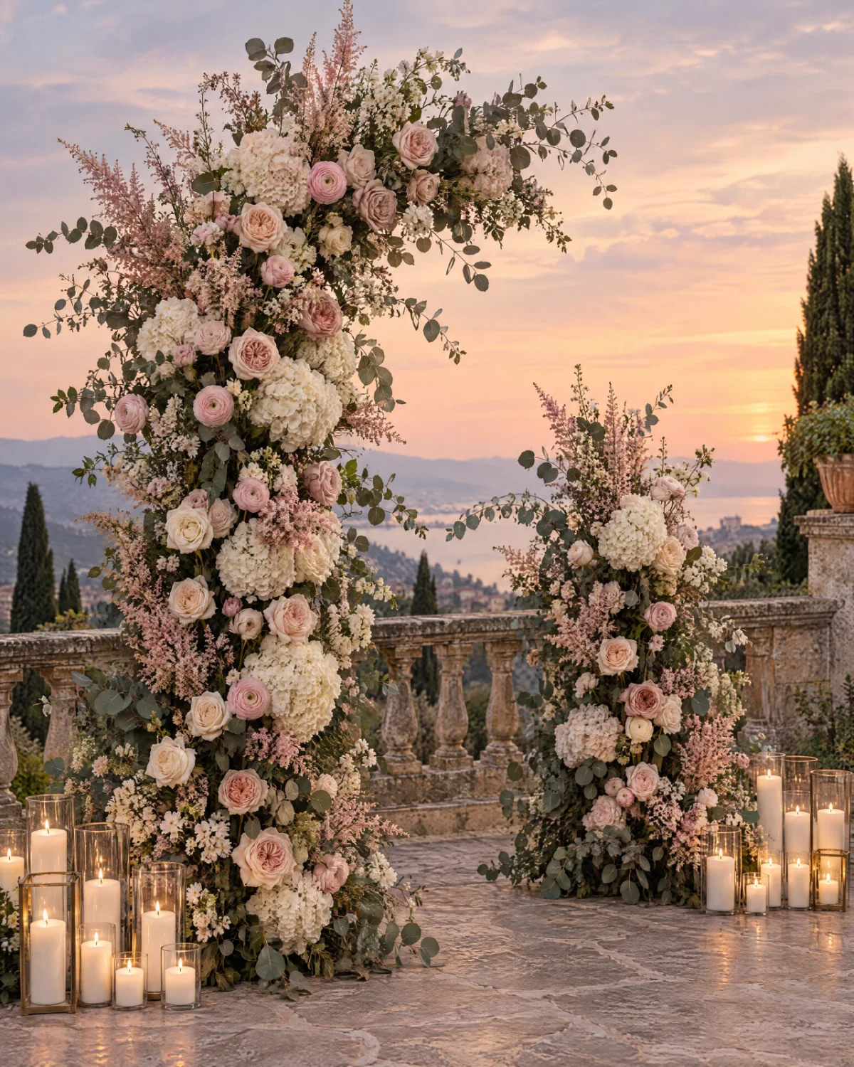 A freestanding floral proposal backdrop of blush and ivory roses with candles at dusk