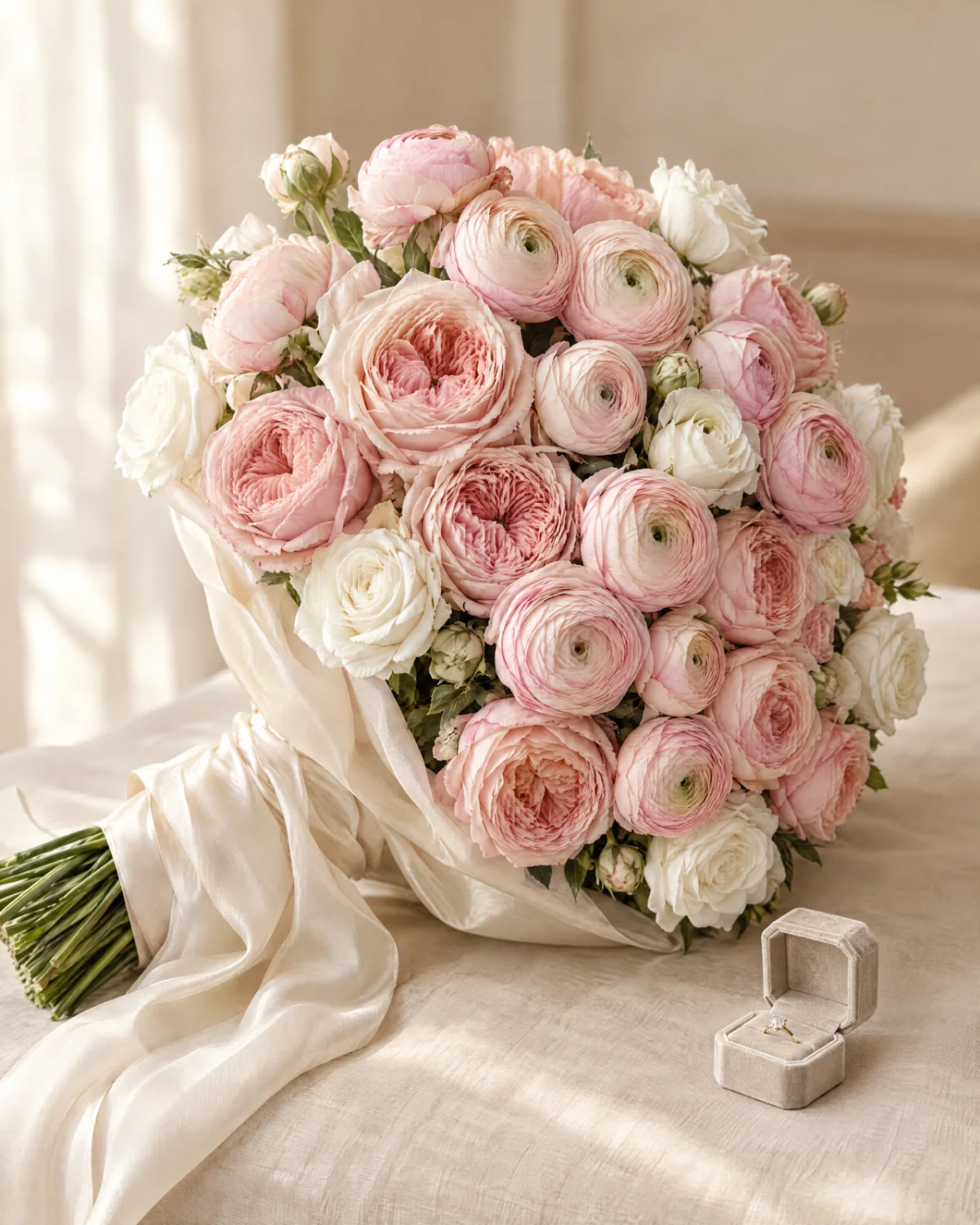 A proposal bouquet of blush garden roses and ranunculus beside a ring box