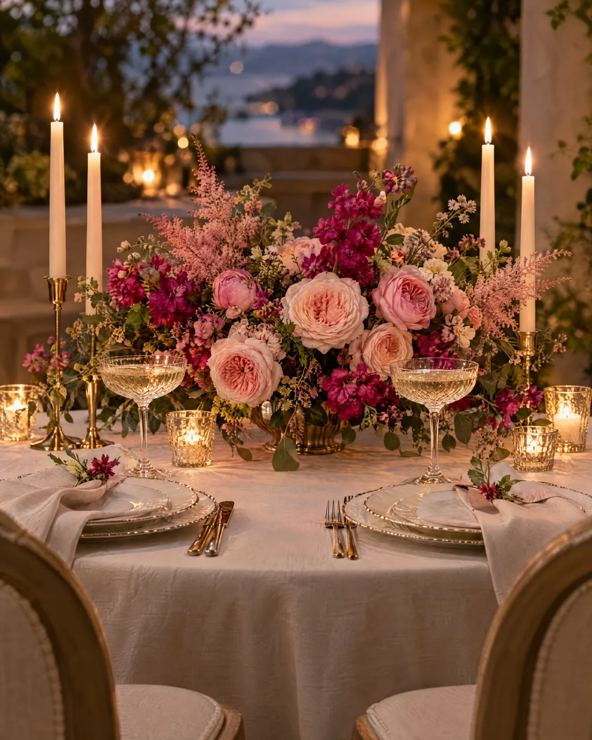 A candlelit dinner table for two with a low centerpiece of blush roses