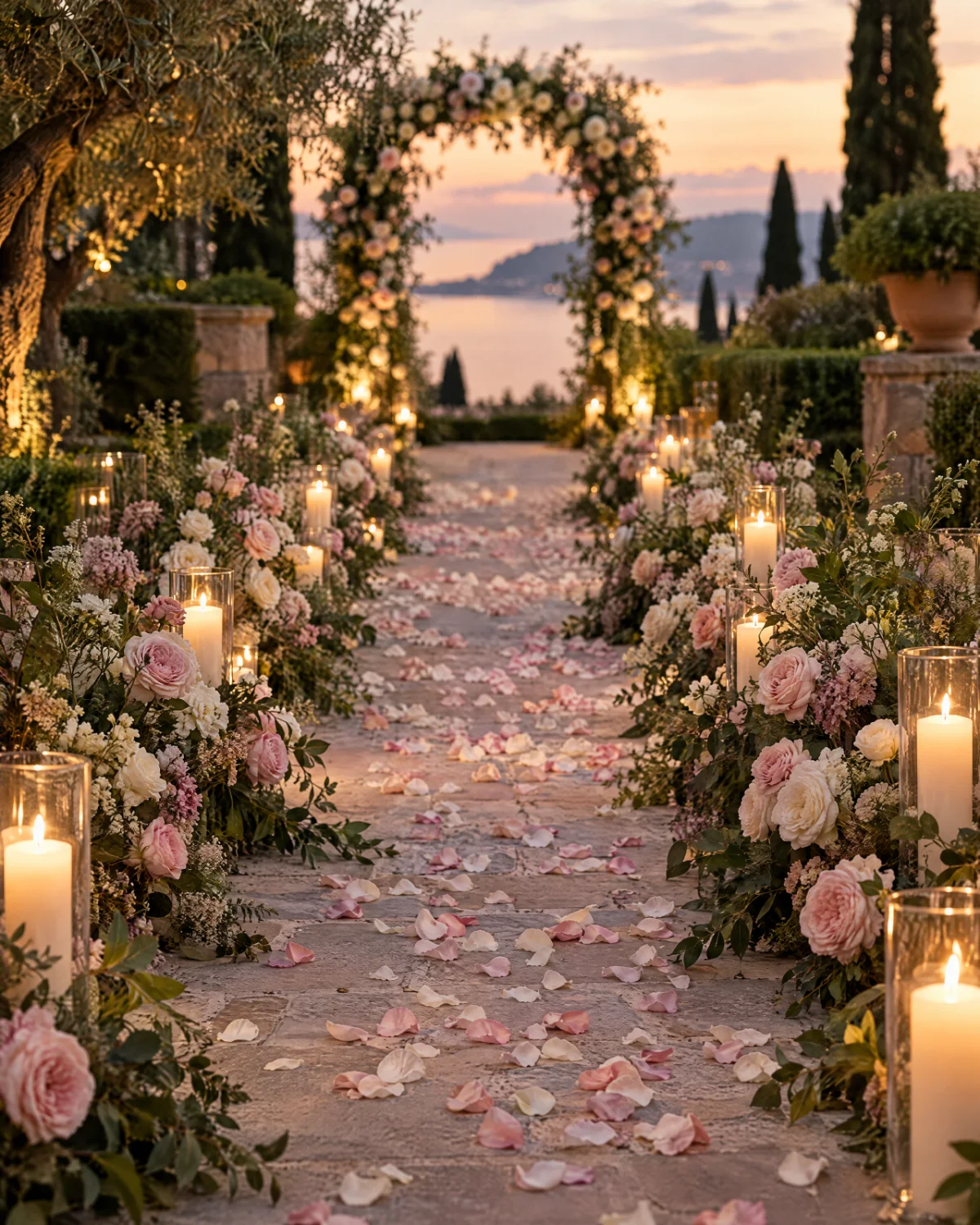 A candlelit garden walkway lined with rose arrangements and scattered petals