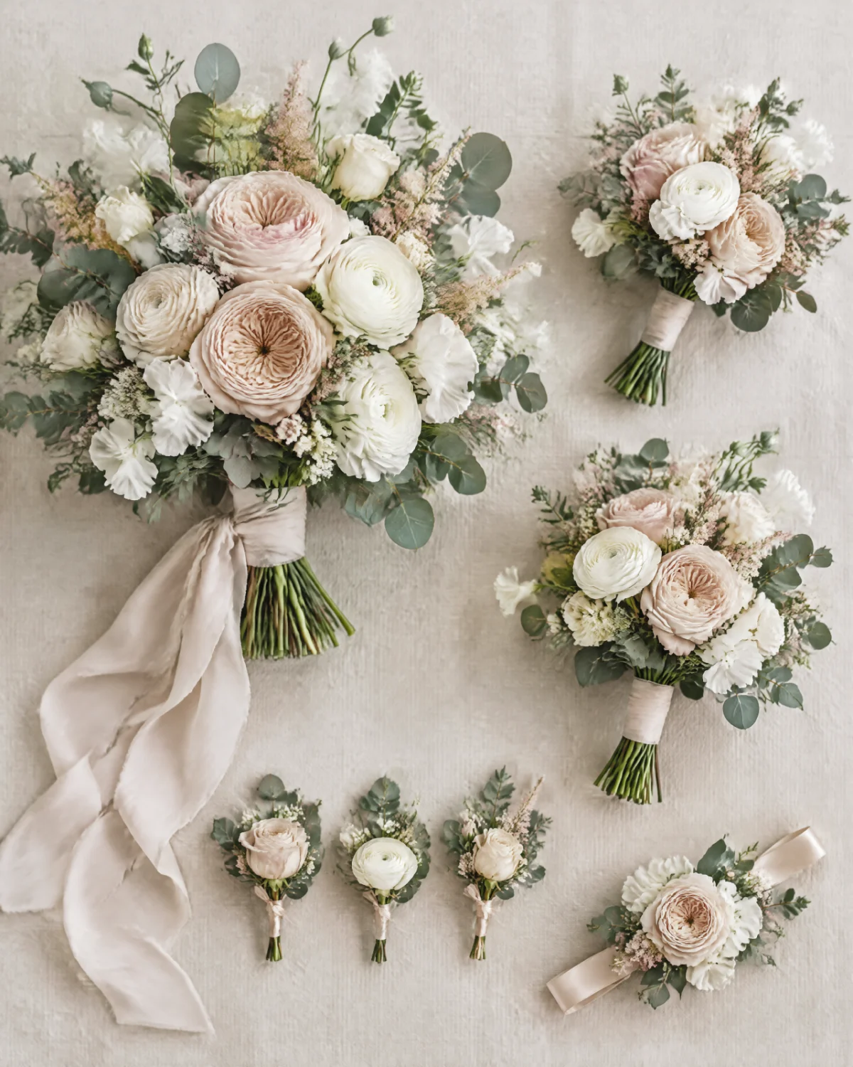 A bridal bouquet, bridesmaid bouquets, boutonnieres and a corsage in blush and ivory