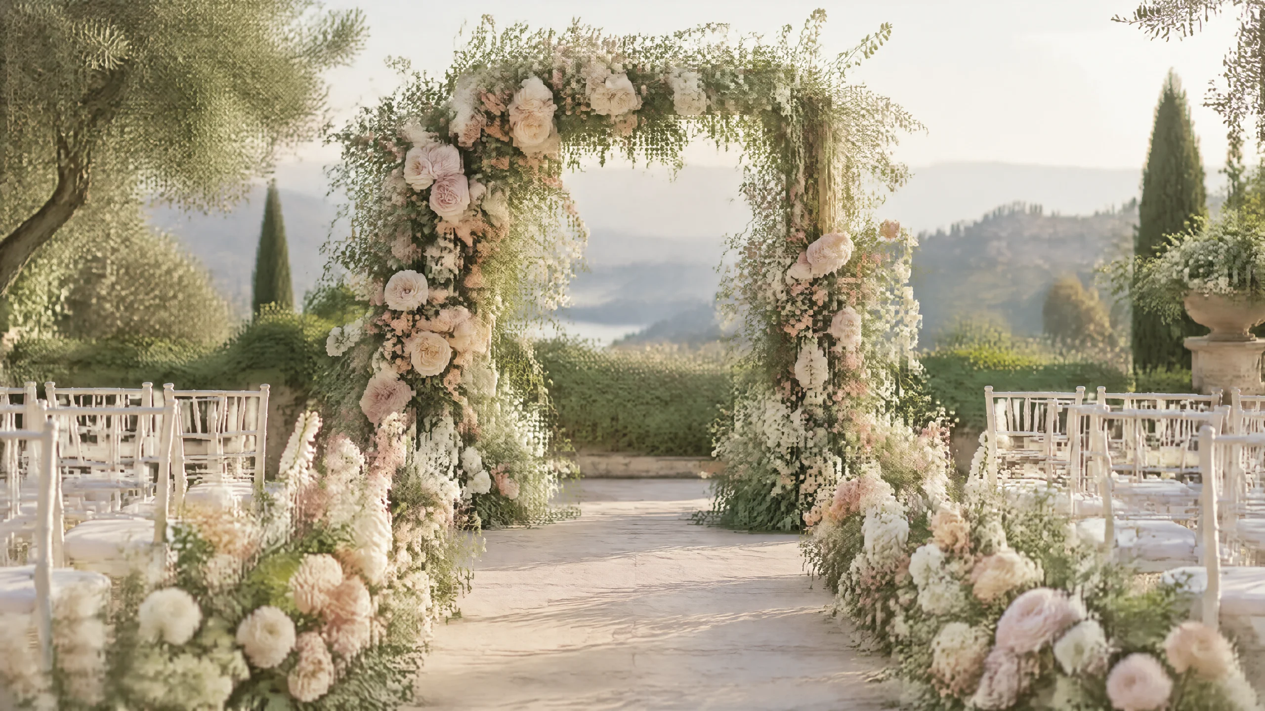 A floral ceremony arch with aisle arrangements