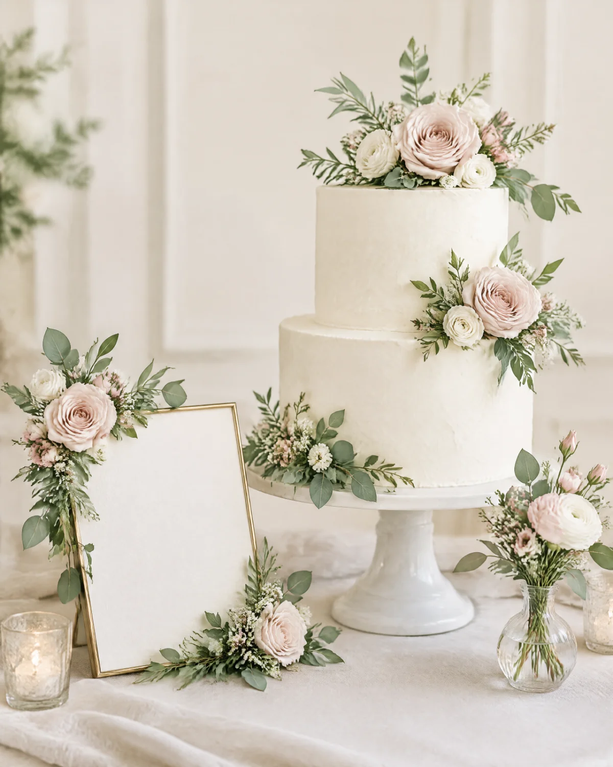 A wedding cake with fresh flowers beside a floral welcome sign