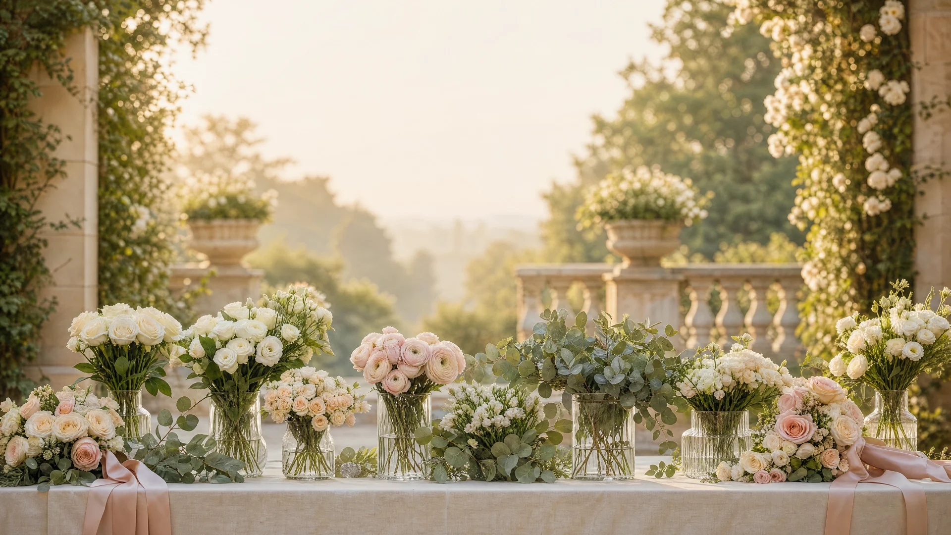 A build-your-own bouquet bar: a linen-draped table of white roses, blush ranunculus and eucalyptus in glass vessels, glowing in late-afternoon light