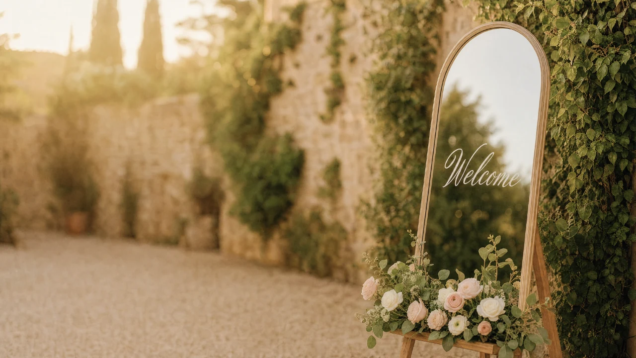An arched mirror welcome sign lettered Welcome in white vinyl, with roses at the foot of its easel