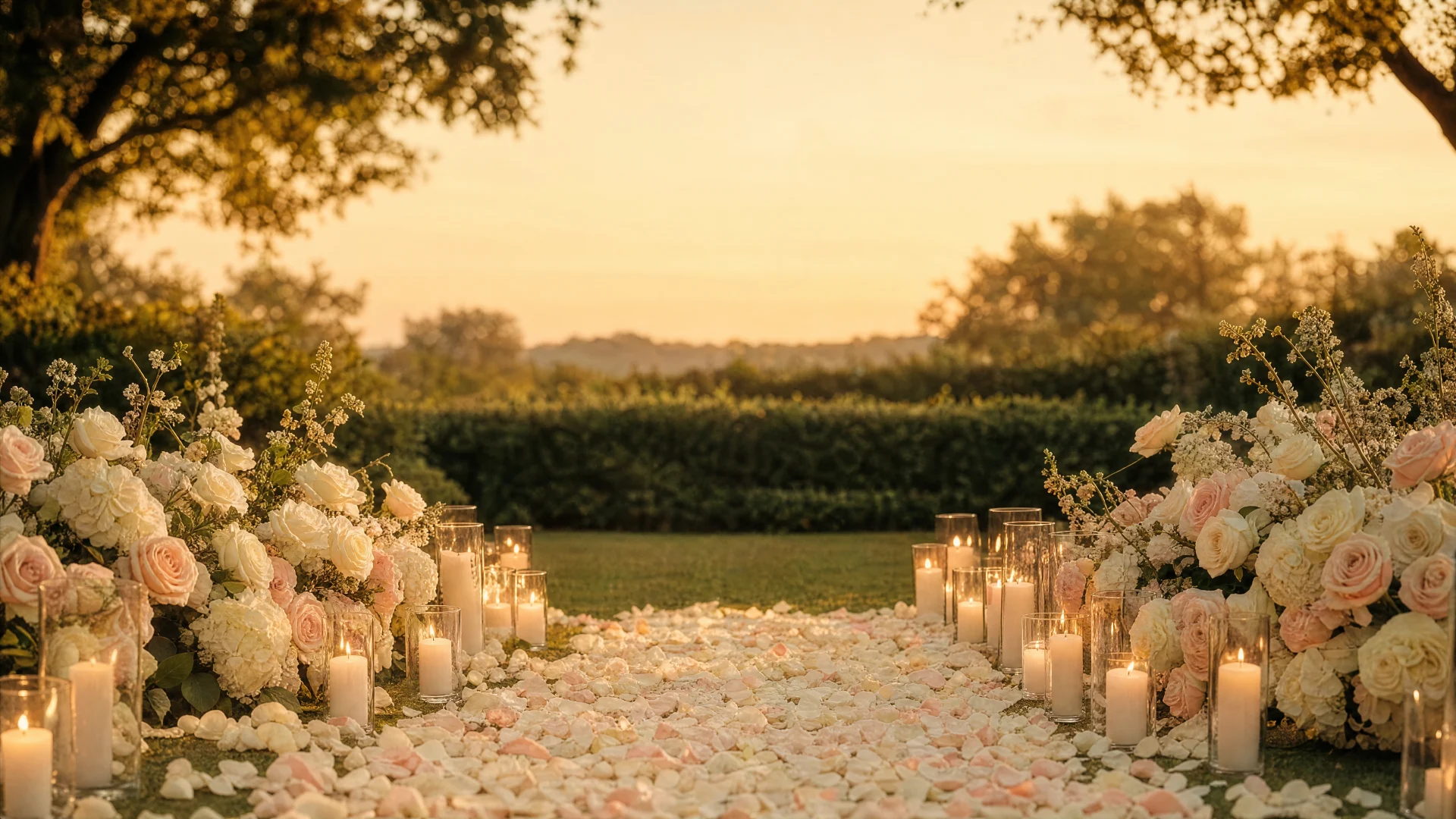 A proposal set-up on a garden lawn: a rose-petal aisle lined with candles between low arrangements of white and blush roses at golden hour