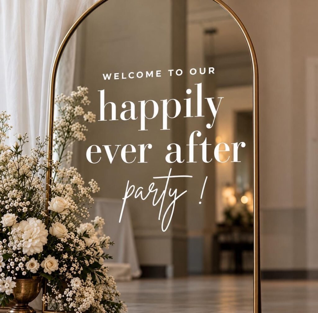 Arched gold mirror lettered in white vinyl: Welcome to our happily ever after party, beside white florals